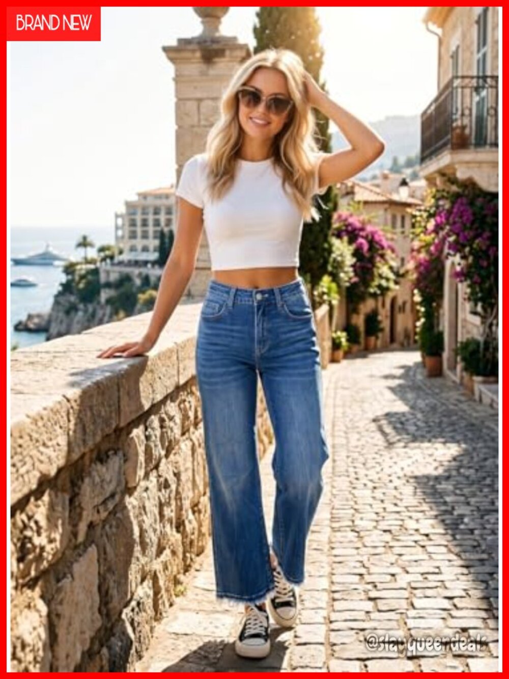 High Waisted Flared Jeans Stretchy Raw Hem Denim Pants - Picture 3 of 6